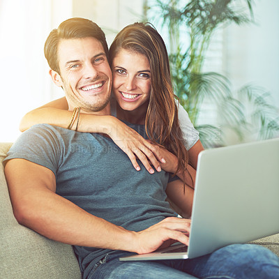 Buy stock photo Laptop, smile and woman embrace man on sofa networking on social media, website or internet. Happy, love and female person hugging husband reading online blog with computer in living room at home.