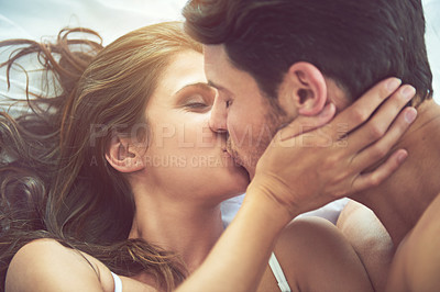 Buy stock photo Bedroom love, kiss and face of couple relax for morning affection, calm or bonding quality time together in Canada. Smile, romantic vacation or marriage people in hotel bed for Valentines Day holiday