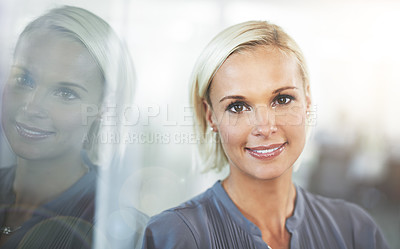 Buy stock photo Portrait, smile and woman at office window with confidence, opportunity and career in HR consulting business. Face, workplace and happy businesswoman with pride at professional human resources agency