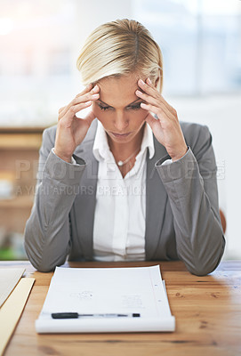 Buy stock photo Lawyer, woman and headache at office desk with paperwork, stress and tired of case investigation. Advocate, attorney or person with burnout, frustrated or fatigue with legal documentation at law firm