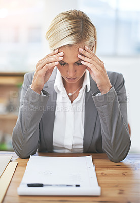 Buy stock photo Lawyer, woman and headache in workplace with documents, stress and tired of case investigation. Advocate, attorney and person with burnout, frustrated and fatigue with legal paperwork at law firm