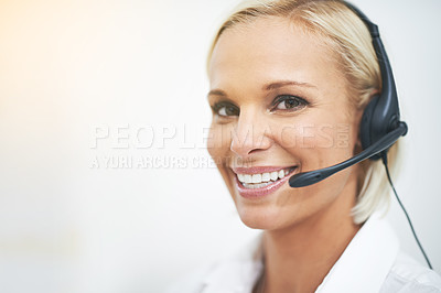 Buy stock photo Woman, happy and portrait in call center with space for mockup for networking, telemarketing or crm job. Person, smile and headphone with mic for voip communication, customer service and tech support