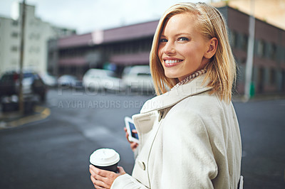 Buy stock photo Happy, walking and portrait of woman with coffee in city for commute, travel and journey in street. Phone, fashion and face of person with beverage, drink and cappuccino for adventure in urban town