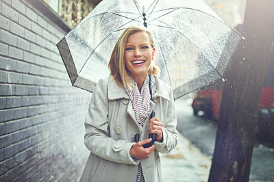 Buy stock photo Rain umbrella, city street portrait and woman with happiness on a sidewalk from winter weather. Happy female person, raining and travel on urban road outdoor in New York holiday with freedom and joy