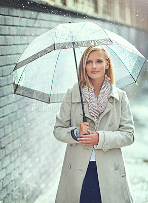 Buy stock photo Woman, umbrella and walking with rain in street, thinking or ideas with cover, weather and memory in city. Person, outdoor and road with travel, journey or commute in winter on sidewalk in Cape Town