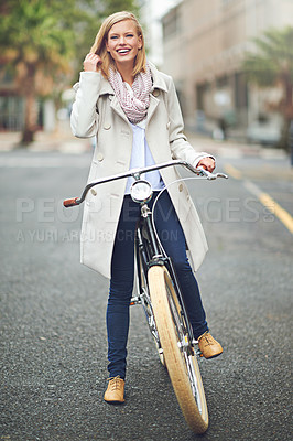 Buy stock photo Woman, smile and city with vintage bicycle for eco friendly transport with memory, pride and outdoor. Girl, person and retro bike on street, road and travel with sustainability in Cape Town metro
