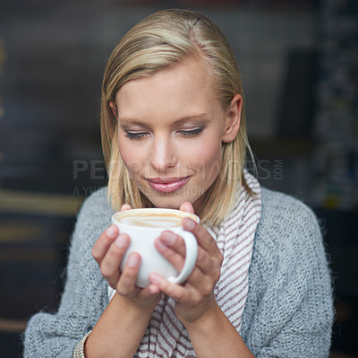 Buy stock photo Coffee shop, happy and woman with aroma for drink, caffeine beverage and cappuccino for scent. Smile, relax and person with mug in restaurant, cafe and diner for breakfast, satisfaction and wellness