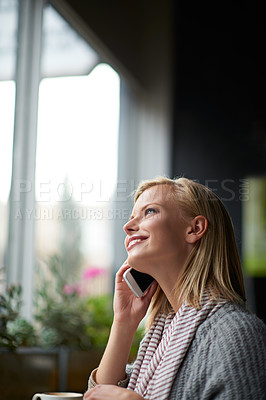 Buy stock photo Phone call, thinking and woman in coffee shop happy for connection, social networking and talking. Restaurant, cafe and person on smartphone for conversation, communication and speak with beverage