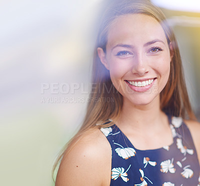 Buy stock photo Australia woman, portrait and happy in studio for summer, skincare or hair care with blur background. Smile, glow and female person with natural beauty in sunlight with flowers, fun or dental hygiene