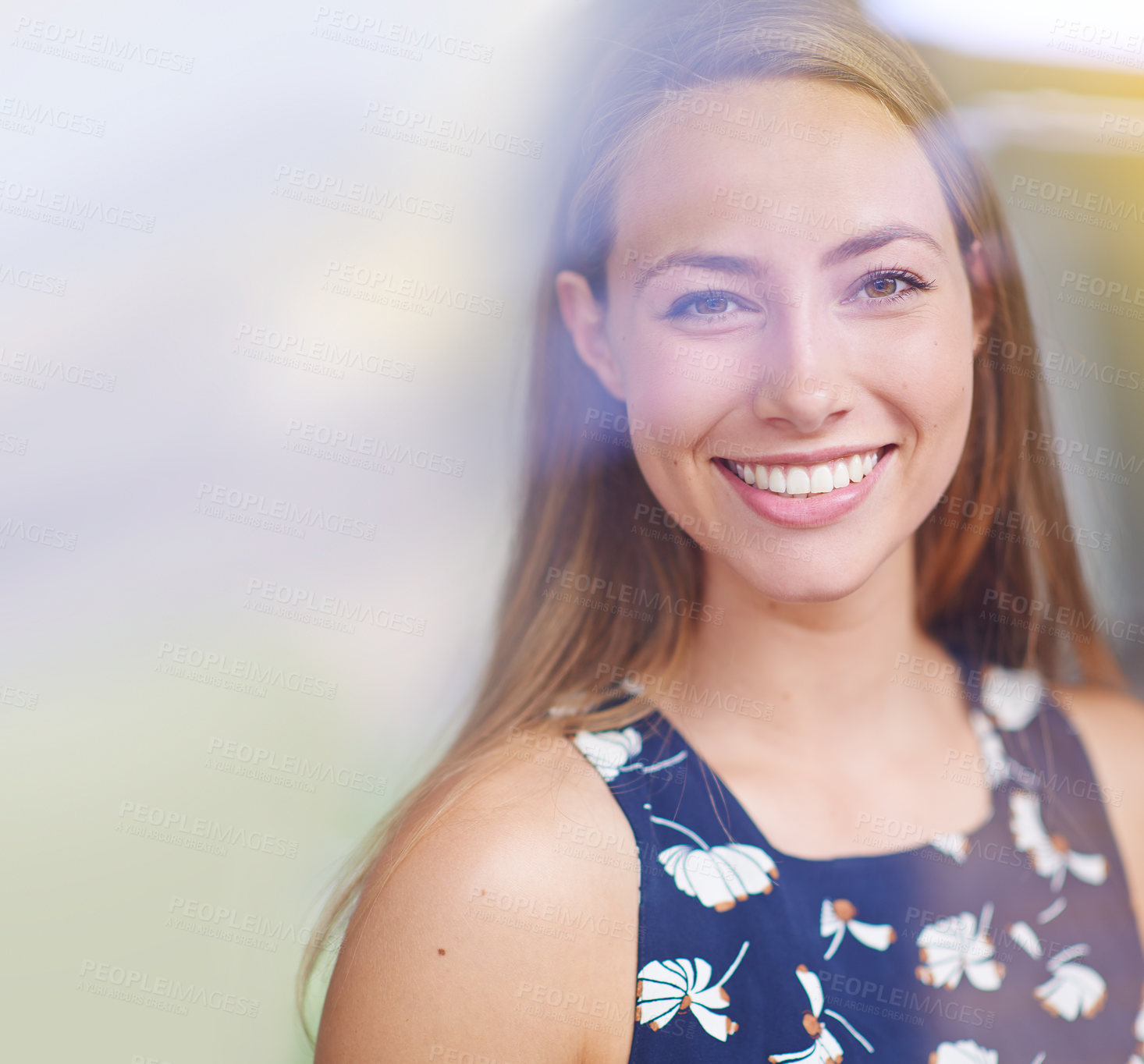 Buy stock photo Australia woman, portrait and happy in studio for summer, skincare or hair care with blur background. Smile, glow and female person with natural beauty in sunlight with flowers, fun or dental hygiene