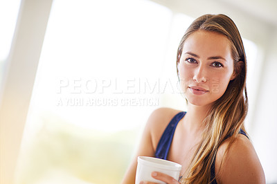 Buy stock photo House, portrait and girl with coffee in kitchen, relax and breakfast in morning, calm and peace in weekend. Home, chill and woman with tea in cup to drink, beverage and break in apartment to enjoy