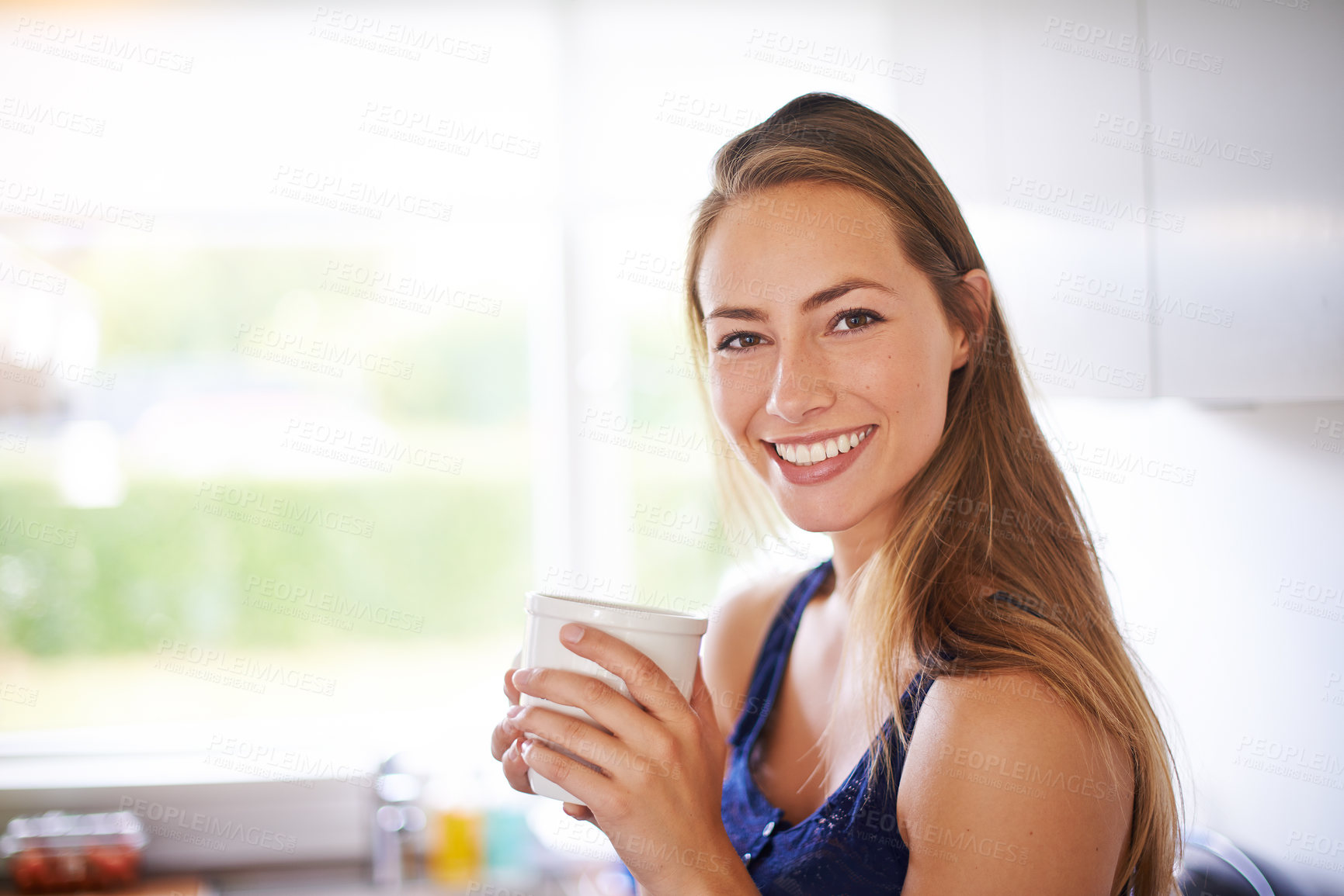 Buy stock photo Coffee, portrait or smile and woman in kitchen of home with caffeine beverage for start of morning. Cup, drink and face of happy person in apartment to relax with cappuccino or hot chocolate in mug