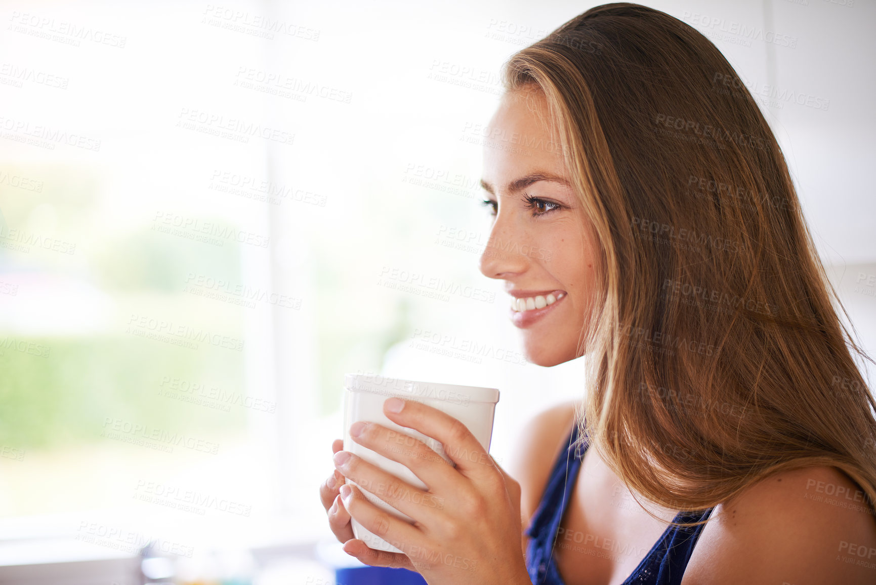 Buy stock photo House, coffee and breakfast for girl, smile and thinking in morning to relax, kitchen and break. Home, happy and woman with beverage to enjoy, drink and tea in apartment, calm and peace in weekend