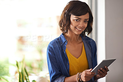 Buy stock photo Black woman, tablet and portrait in house with happiness on weekend with confidence for relax in morning. Social media, online and connection with student in college for higher education in London.