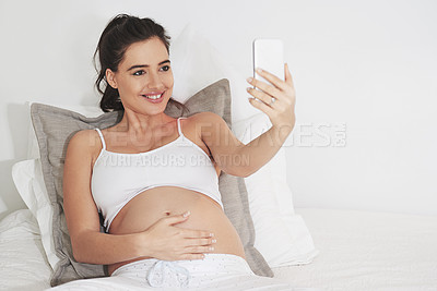 Buy stock photo Happy pregnant woman, selfie or video call in home bedroom for communication or online consultation. Smile, mom or proud mother on mobile app for gynaecology telehealth, pregnancy update or maternity