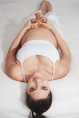 Buy stock photo Portrait, pregnant woman or teddy bear in maternity, bed or hope of health, wellness or joy in home. Pregnancy, mama or plush toy happy to imagine, future or motherhood as prenatal comfort on break