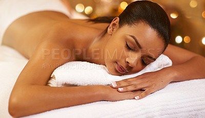 Buy stock photo Woman, back massage and salon treatment for pamper, wellness and beauty therapy for body care. Female person, calm and skincare or dermatology, cosmetics and relax at resort hotel and peace for glow