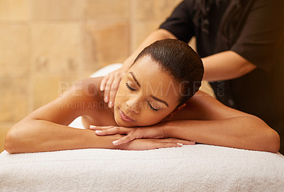 Buy stock photo Massage, neck and shoulders in spa with woman on table with peace, wellness and luxury treatment. Masseuse, hands and calm girl relax on holiday or vacation in hotel with cosmetic service and care