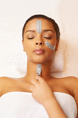 Buy stock photo Woman, sleeping and face mask with brush at spa for beauty, skincare or anti aging on massage bed. Calm female person or asleep with beautician for relaxation, facial treatment or cosmetics at salon
