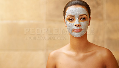 Buy stock photo Woman, portrait and mud mask at spa, facial treatment and detox or cleaning dermatology. Female person, self care and chemical peeling or skincare to pamper, mockup space and exfoliate clay for acne
