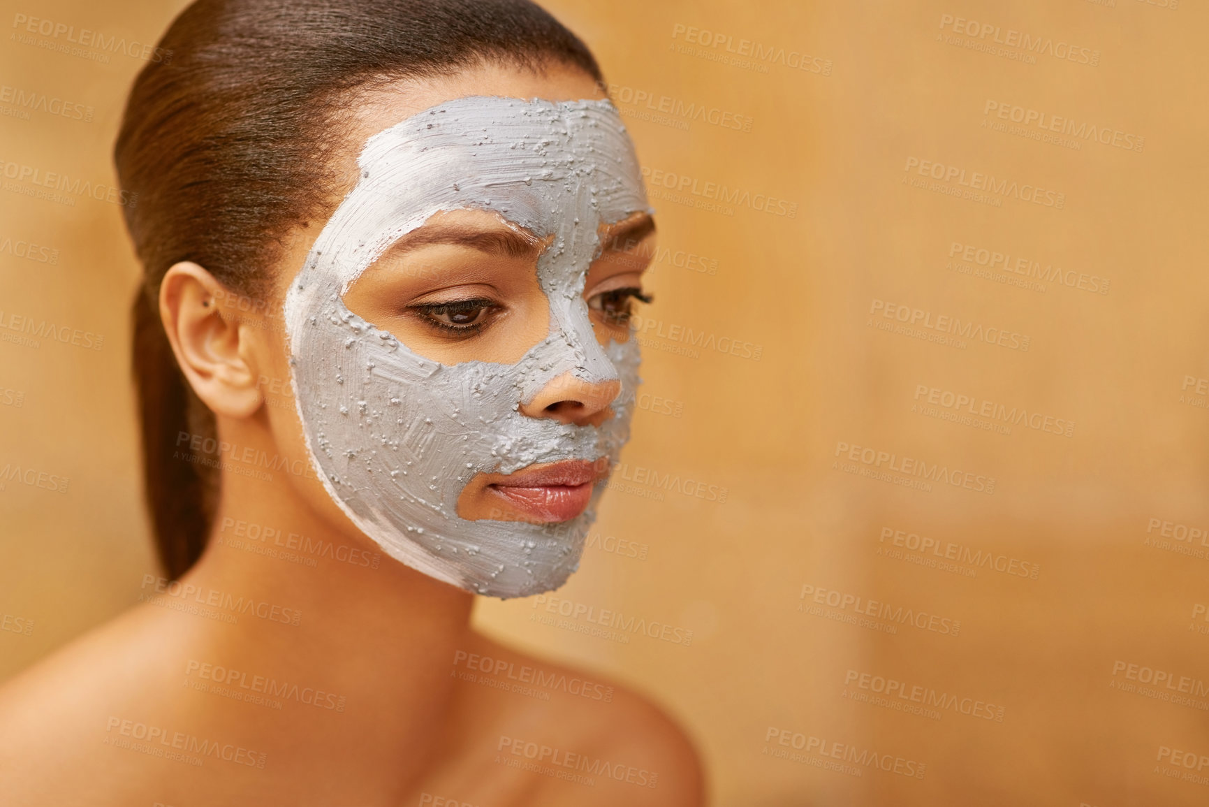 Buy stock photo Woman, cosmetics and mud mask at spa, facial treatment and detox or cleaning dermatology. Female person, self care and chemical peeling or skincare to pamper, mockup space and exfoliate clay for acne