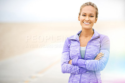 Buy stock photo Beach, portrait or woman with arms crossed for training, exercise or fitness workout in promenade. Confident, happy or sports athlete with smile ready to start practice at sea for wellness or running