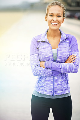 Buy stock photo Beach, portrait or woman with arms crossed for running, exercise or fitness workout in promenade. Confident, happy or sports athlete with smile ready to start practice at sea for wellness or training