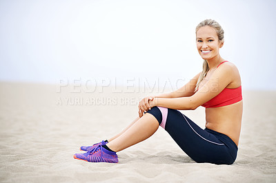Buy stock photo Fitness, smile and portrait of woman on beach for exercise, training and workout by ocean. Yoga, sports and happy person on sand for warm up, rest and relax for wellness, health and performance