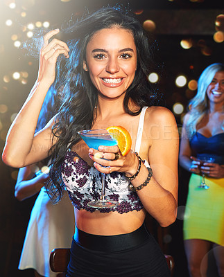Buy stock photo Woman, party and cocktail drink at nightclub, holiday celebration and new year portrait, happy ladies night and social. Celebrate, alcohol and drinking at club with happy hour and fruit cocktails