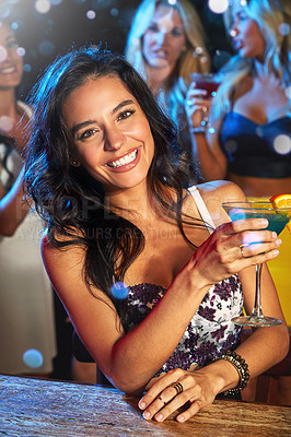 Buy stock photo Woman with cocktail in nightclub portrait, party with alcohol drink and new year celebration during happy hour. Young, happy and cocktails to celebrate holiday at club, drinks and fun at social event