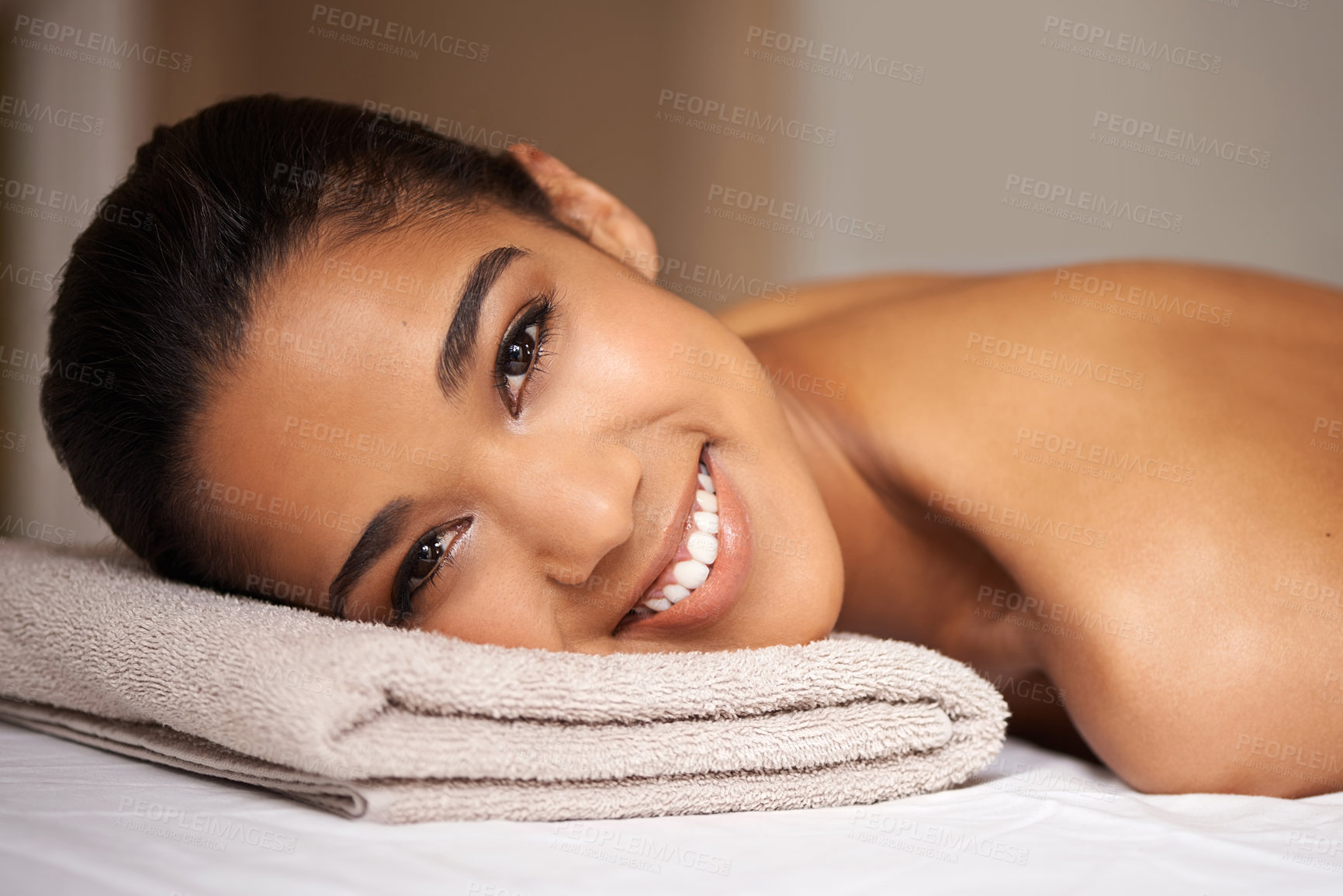 Buy stock photo Portrait of girl, smile or massage to relax for zen resting or wellness physical therapy in spa hotel. Face of happy woman in salon to exfoliate for body healing treatment or holistic detox therapy 