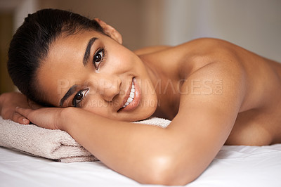 Buy stock photo Portrait of happy woman, smile or massage to relax for zen resting or wellness physical therapy in spa hotel. Face of girl smiling in salon resort for body healing treatment or holistic detox therapy
