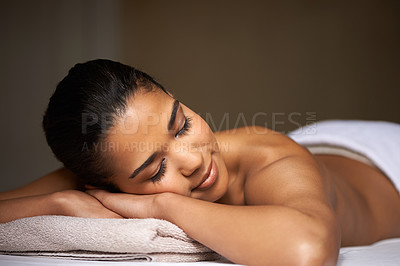 Buy stock photo Woman, sleeping or massage for client to relax for zen resting or wellness physical therapy in luxury resort. Calm girl in salon to exfoliate for body healing treatment or natural holistic detox 