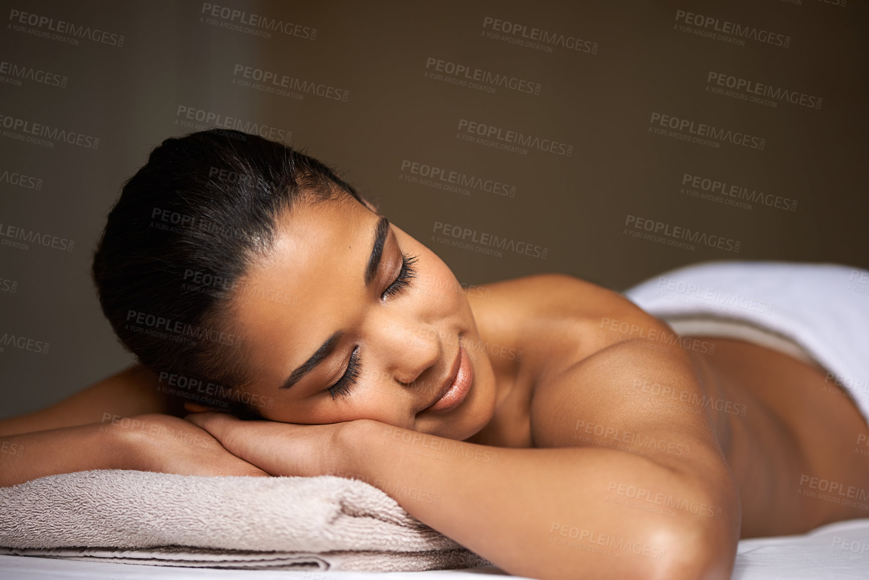 Buy stock photo Woman, sleeping or massage for client to relax for zen resting or wellness physical therapy in luxury resort. Calm girl in salon to exfoliate for body healing treatment or natural holistic detox 
