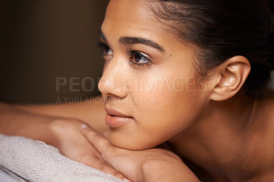 Buy stock photo Girl thinking, face or massage to relax for zen resting or wellness physical therapy in spa hotel resort. Face or thoughtful woman dreaming of salon ideas for body healing treatment or holistic detox