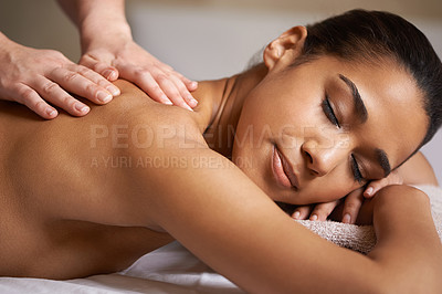 Buy stock photo Woman, eyes closed or hands for massage in salon to relax for zen resting or wellness physical therapy. Face of girl in spa for body healing, sleeping or natural holistic detox by masseuse 