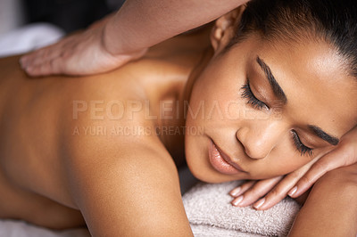 Buy stock photo Girl, face or hands for back massage in salon to relax for zen resting or wellness in physical therapy healing. Closeup of calm woman in spa for sleeping or natural holistic body detox by masseuse 