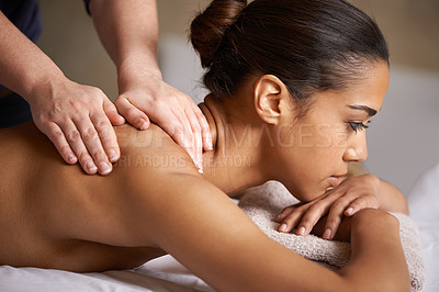 Buy stock photo Woman, thinking or hands for back massage in hotel spa to relax for zen resting or wellness physical therapy. Thoughtful girl in salon for body healing, sleeping or natural holistic detox by masseuse