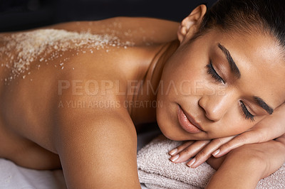 Buy stock photo Girl sleeping, body scrub or back massage to relax for zen resting or wellness physical therapy in spa. Relaxed female client in salon to exfoliate for luxury skincare treatment or beauty therapy