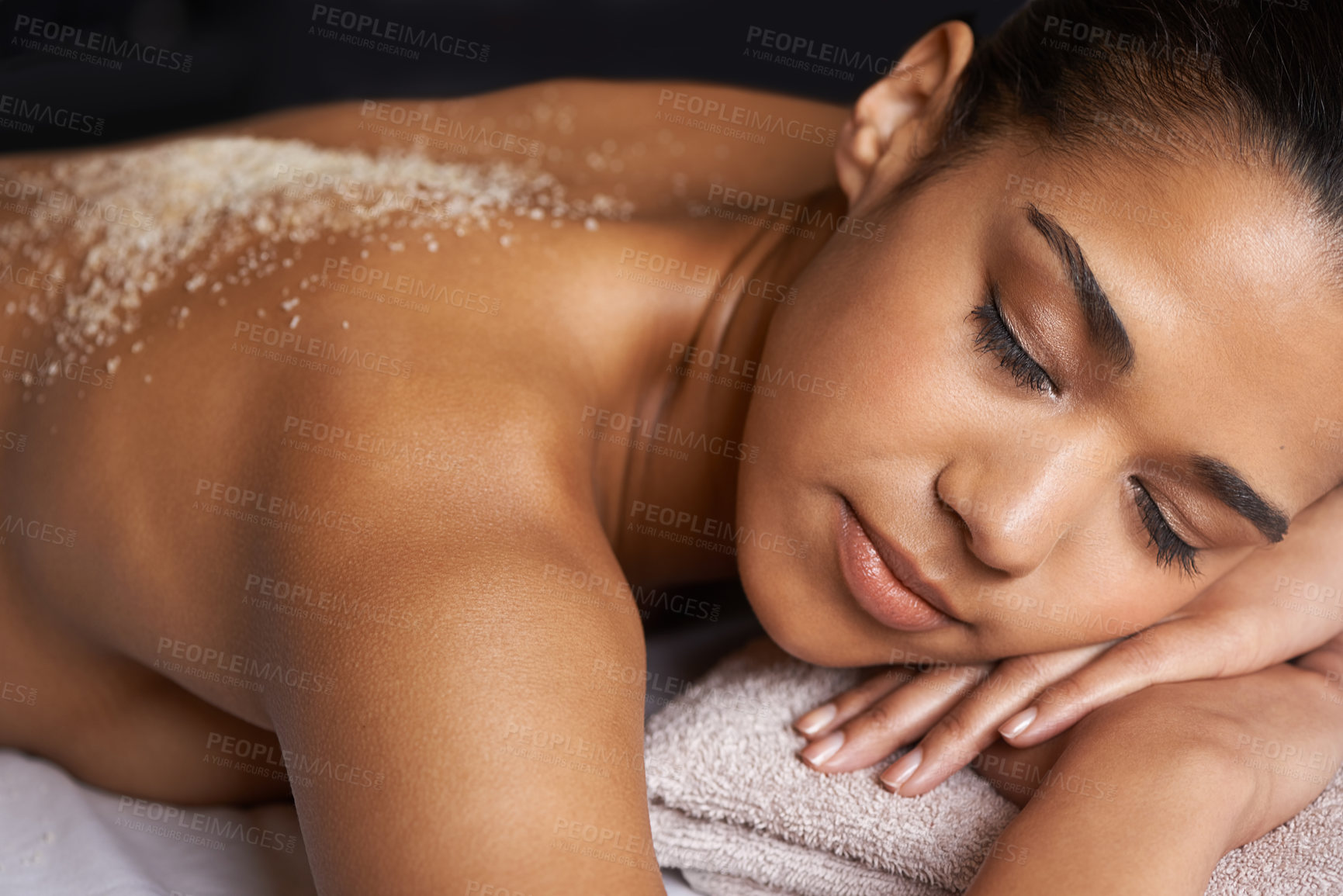 Buy stock photo Girl sleeping, body scrub or back massage to relax for zen resting or wellness physical therapy in spa. Relaxed female client in salon to exfoliate for luxury skincare treatment or beauty therapy