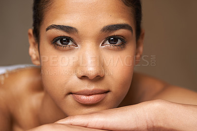 Buy stock photo Face portrait, beauty or massage for woman to relax for resting, zen calm or wellness physical therapy in spa. Zoom of girl client in  hotel salon to exfoliate for healthy skincare healing treatment 