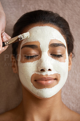 Buy stock photo Skincare, beauty and woman with face mask at spa for glow, wellness and natural routine with self care. Cosmetic, pamper and female person relaxing for clay facial dermatology treatment at salon.