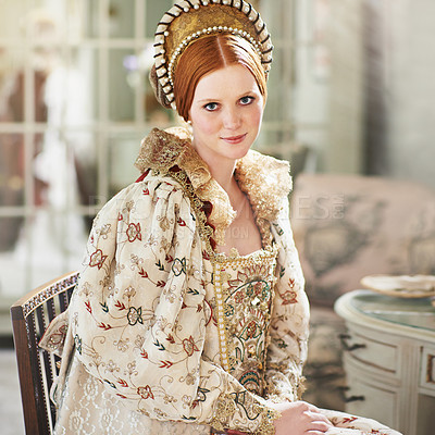 Buy stock photo Portrait, medieval and woman smile in a home with queen, renaissance and royalty in a palace room. Luxury, bedroom and royal female person in the morning with vintage and classic costume in history