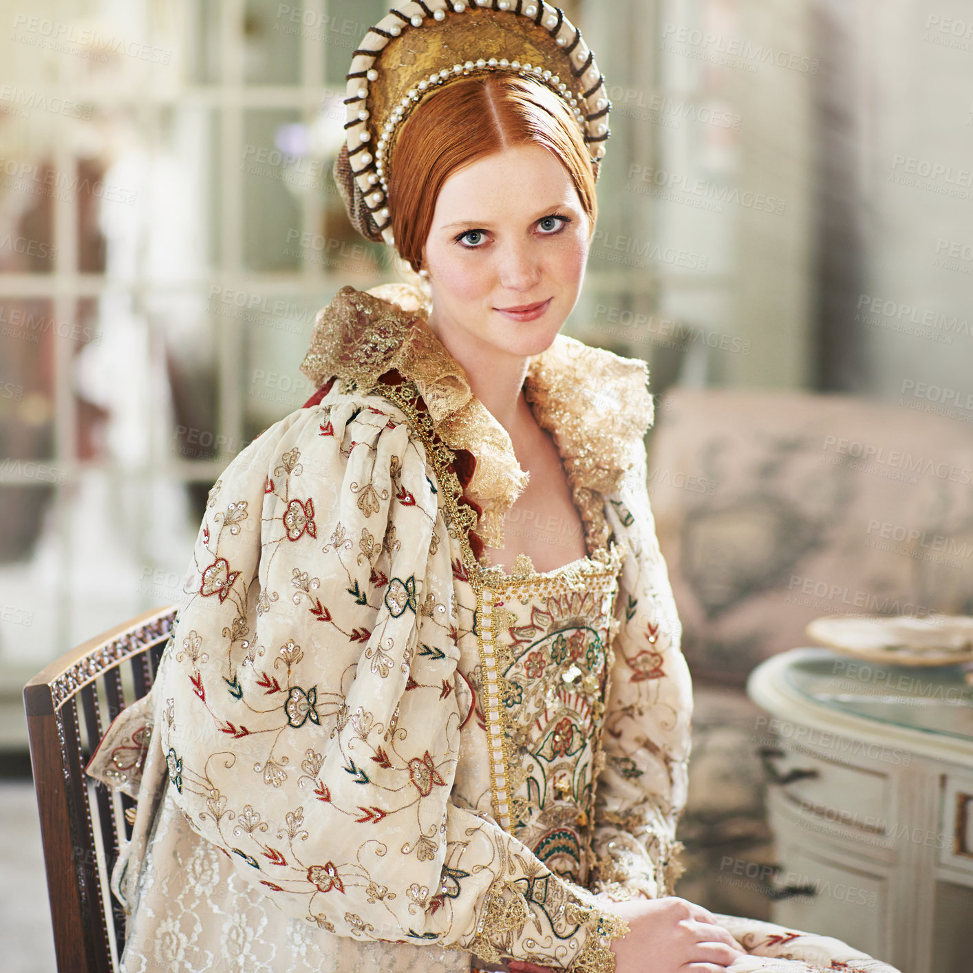 Buy stock photo Portrait, medieval and woman smile in a home with queen, renaissance and royalty in a palace room. Luxury, bedroom and royal female person in the morning with vintage and classic costume in history