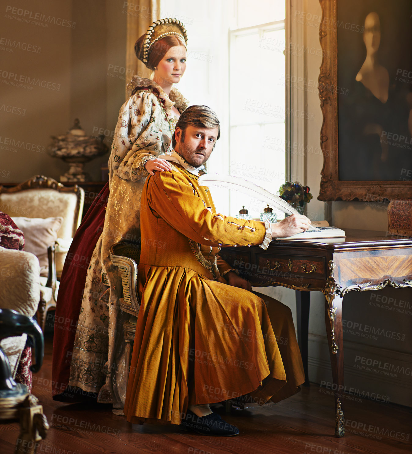 Buy stock photo Medieval, couple and portrait with leader letter writing at home with renaissance, vintage and classic costume in palace. King, policy and political paper with royalty and queen in study with history