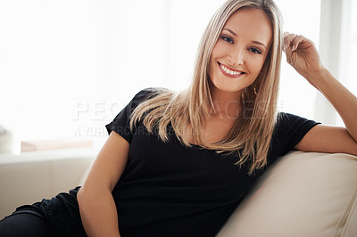Buy stock photo Happy, portrait and woman on a sofa relax with confidence, positive attitude or leisure in her home. Face, smile and female person in a living room with vacation, free time or resting holiday