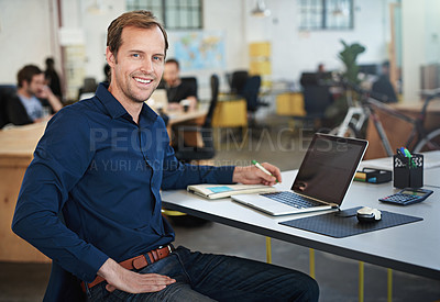 Buy stock photo Workplace, portrait of man or software developer with computer for testing programs, applications and career in office. Businessman, notebook and laptop for coding data with smile or professional
