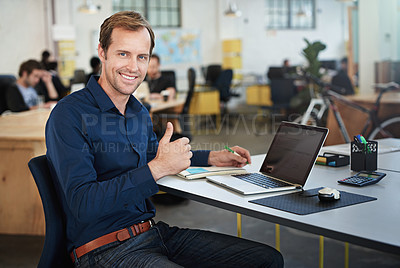 Buy stock photo Office, portrait of man and thumbs up with laptop for testing programs, applications and career in workplace. Businessman, software developer and computer for coding data with smile or professional