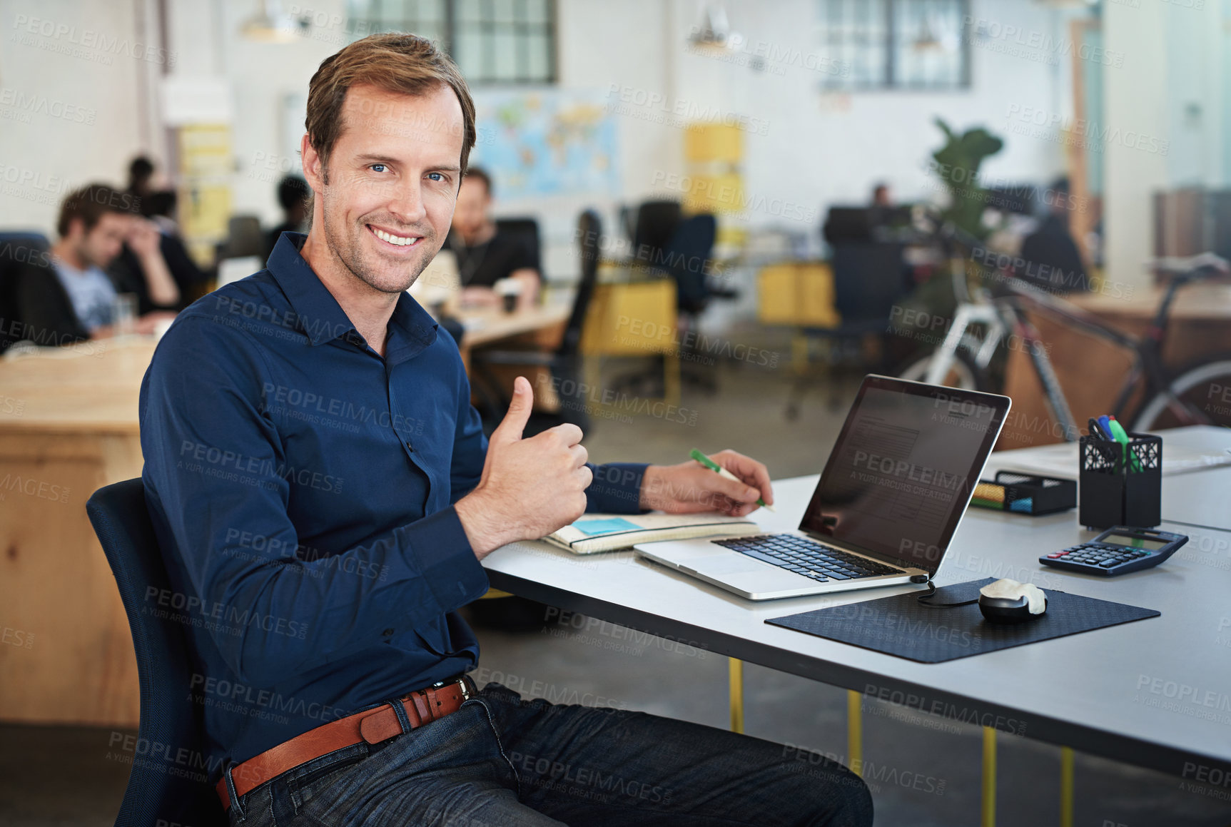Buy stock photo Office, portrait of man and thumbs up with laptop for testing programs, applications and career in workplace. Businessman, software developer and computer for coding data with smile or professional
