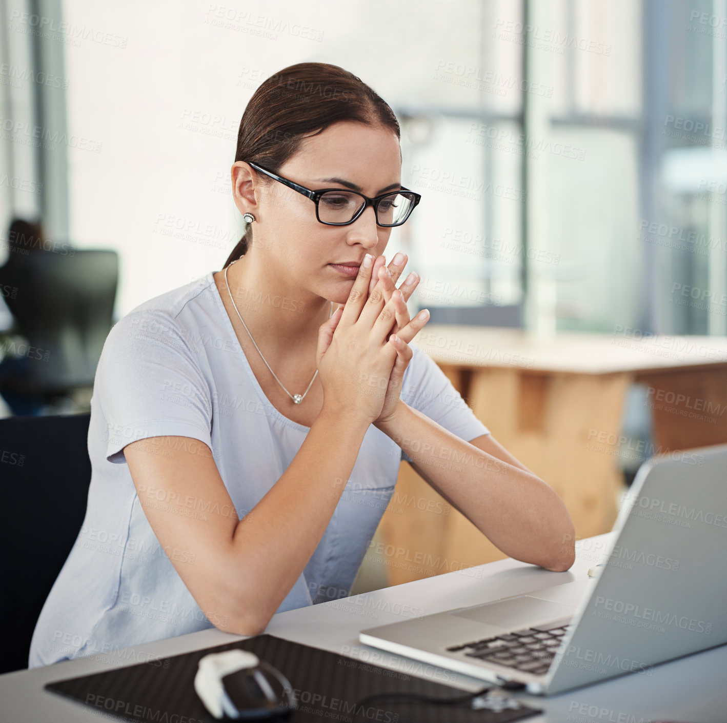 Buy stock photo Thinking, female person and developer in office with laptop for vision to planning, solutions and ideas for a creative startup business. Woman, developing and information on computer at workplace